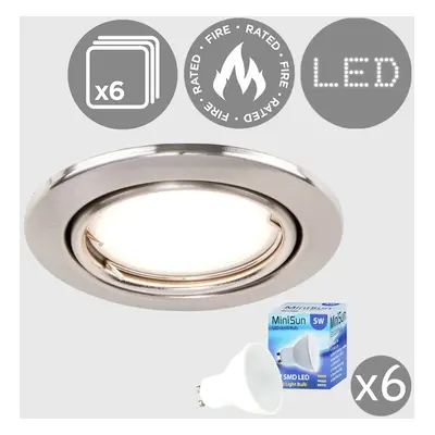 Pack of Fire Rated Brushed Chrome Tiltable GU10 Recessed Ceiling Downlights - Complete with 5w L