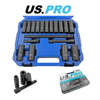 US PRO Tools 18PC 1/2" DR Deep impact Sockets - 24mm And Extension Bar Set