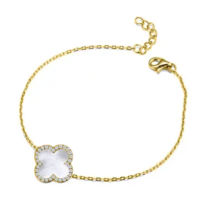 Jewelco London Gold-plated Silver Clover Mother of Pearl & CZ Halo Lucky Charm Chain Bracelet 7-