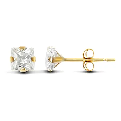 Jewelco London 9ct Yellow Gold White Square Cubic Zirconia Claw Set Solitaire Stud Earrings, 4mm