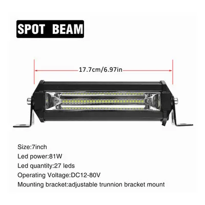 (7 Inch) 12V-80V 7Inch/13Inch/19Inch 4860Lm/8100Lm/14580Lm Slim Single Row Spot Beam LED Work Li