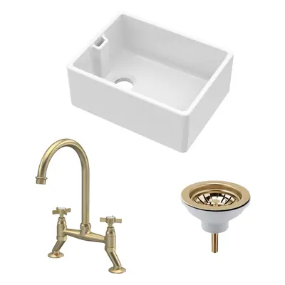 Fireclay Kitchen Bundle - Single Bowl Belfast Sink, Strainer Waste & Bridge Crosshead Tap, 595mm