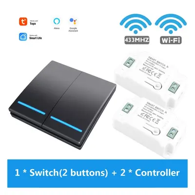 (1 * Black switch(2 button) + * Controller) 1/2 Gang WiFi Button Switch Home Wall Light Control+