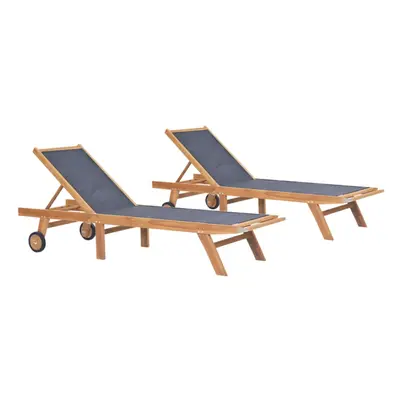 vidaXL 2x Solid Teak and Textilene Folding Sun Loungers with Wheels Sunbeds