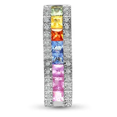 Jewelco London 18ct White Gold Channel Set 0.09ct Diamond and Princess Rainbow 0.96ct Sapphire E