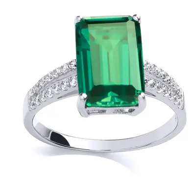 (Q) Jewelco London Ladies Rhodium Sterling Silver Green Emerald Cut CZ Shoulder-Set Claw Solitai