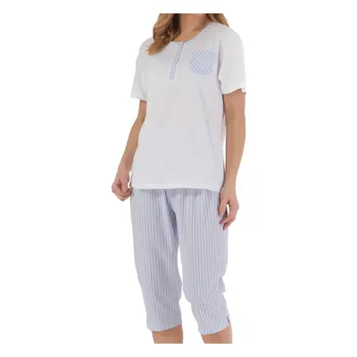 (Blue, UK 16/18) Slenderella Ladies Jersey Top & Cropped Seersucker PJ Bottoms Pyjamas