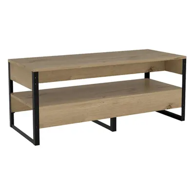 Bleached Pine Rectangular Coffee Table with Wide Shelf Storage Black Metal Frame