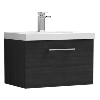 Wall Hung Drawer Vanity Unit with Mid-Edge Ceramic Basin, 600mm - Woodgrain Charcoal Black