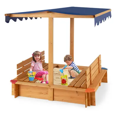 Kids Wooden Sandbox w/ Canopy & Convertible Seat Benches