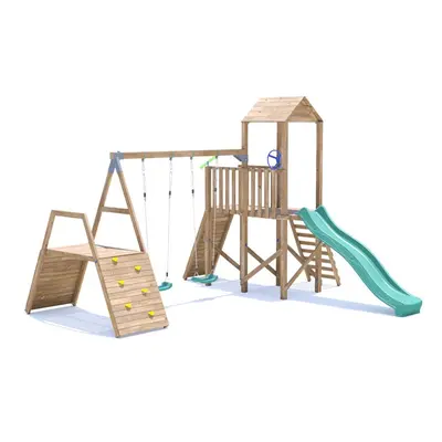 FrontierFort Climbing Frame with Double Swing, High Platform, Climbing Wall & Slide