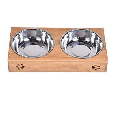 (M) Double Pet Dog Bowl Stainless Steel Pet Bowl Bamboo Bottom Food Water Dual-use Pet Bowl