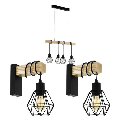 Quad Ceiling Light & 2x Matching Wall Lights Black Cage & Wood Trendy Bar Lamp