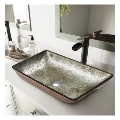 Bathroom Artistic Vessel Sink Tempered Glass with Drain - Gold