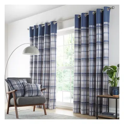 (90 x 90" (229x229cm)) Curtains Blue Grey eyelet ring top lined curtains tartan check ready made