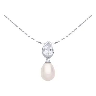 Jewelco London Ladies Rhodium Plated Sterling Silver Cream Pear Pearl CZ Mirrored Pear Drops Pen