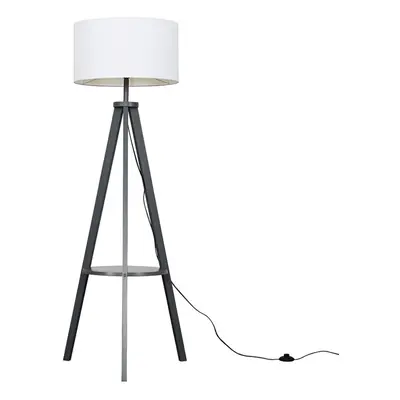 Modern Grey Wood Tripod Design Floor Lamp with Storage Shelf & White Drum Shade - Complete with 