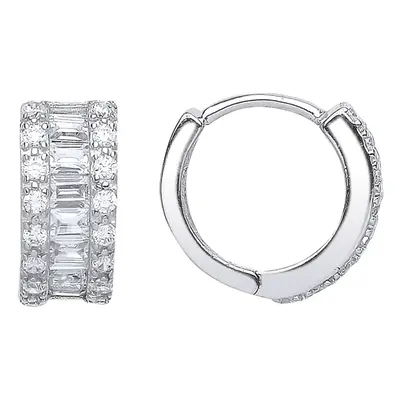 Jewelco London Ladies Sterling Silver Baguette Cubic Zirconia Huggie Hoop Earrings 14mm - GVE537