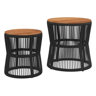 vidaXL Garden Side Tables with Wooden Top pcs Dining Table Black Poly Rattan