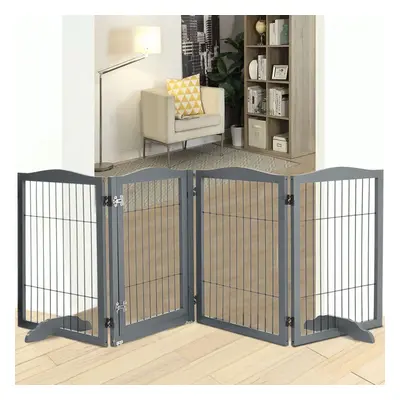 (Grey, Panels) Wooden Dog Gate Folding Pet Playpen Safety Fence Barrier with Walk Through Door