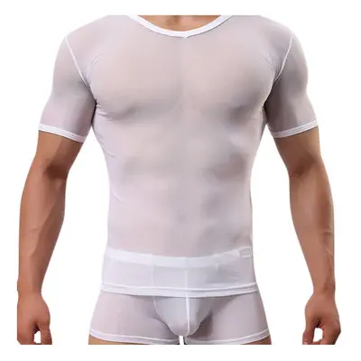 (White, M) Mens Tight Sexy Transparent Gauze T-shirt