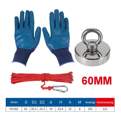 (60mm) Strong Neodymium Fishing Magnet Set With 10m Rope And Gloves Fishing Tools