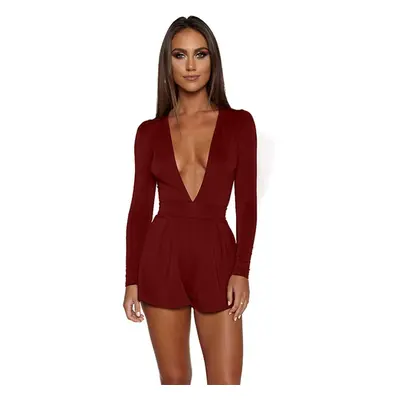 (Burgundy, M) Sexy Women Jumpsuit Solid Color Plunge V Neck Long Sleeve Casual Slim Short