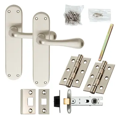 Door Handle & Latch Pack Satin Chrome Smooth Flared Lever Rounded Backplate