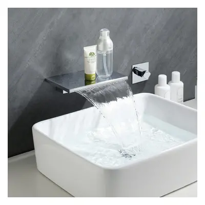 (Silver) Modern Single Handle Wall Mount Faucet Waterfall Spout Bathroom Tub Basin Concealed Tap