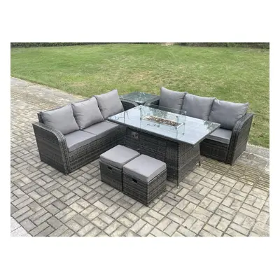 Fimous Rattan Garden Furniture Set with Fire Pit Table Seater Outdoor Patio Lounge Sofa Set Dark