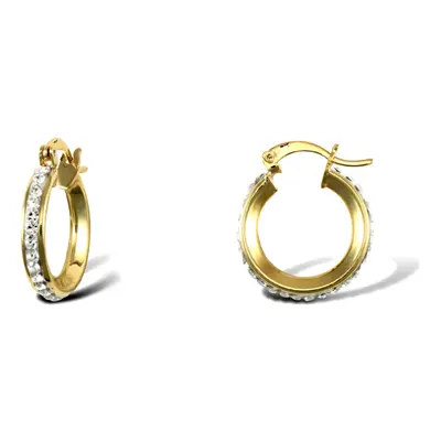 Jewelco London Ladies 9ct Yellow Gold White Round Crystal Eternity 3mm Hoop Earrings 16mm - JER7