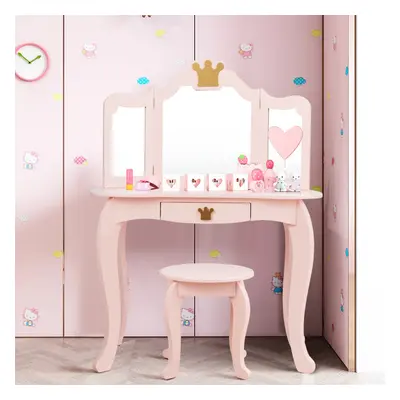 Kids Dressing Table Vanity Set Wooden Stool w/ Detachable Mirror