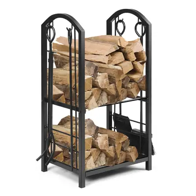 Fireplace Log Rack with Poker Tong Brush & Shovel Iron Storage Holder