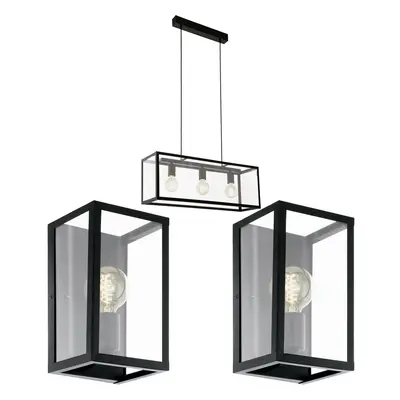 Ceiling Pendant Light & 2x Matching Wall Lights Black & Glass Box Dining Room