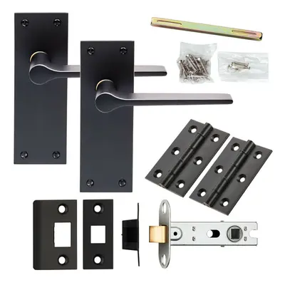 Door Handle & Latch Pack Matt Black Rounded Flat Bar Lever Slim Backplate