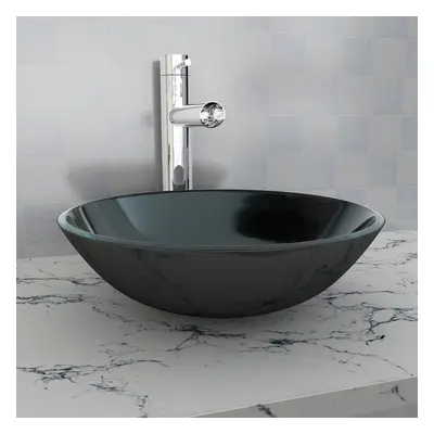 vidaXL Basin Tempered Glass 42cm Black Cloakroom Bathroom Above Counter Sink