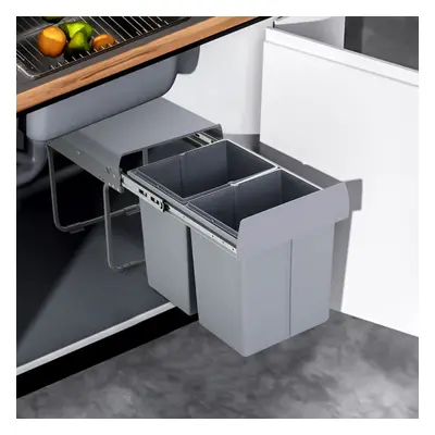 Grey x 20L Rectangular Integrated Kitchen Pull Out Bin Waste and Recycling Bin for Cabinet Under