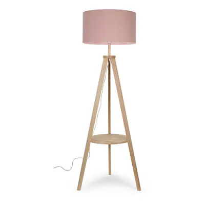 Modern Light Wood Tripod Design Floor Lamp with Storage Shelf & Pink Drum Shade