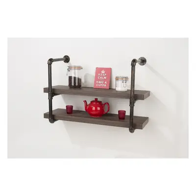 Dark Oak 60cm Wall Mounted Twin Shelf Black Painted Pipe Brackets Wood Finish