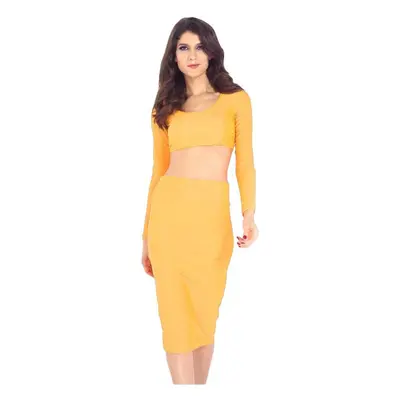 (Yellow, L) Sexy Women Two Pieces Long Sleeve Bodycon Crop Top Pencil Skirt Dress Twin Set Party