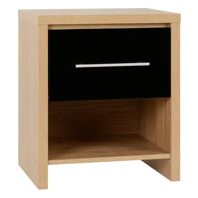 Seville Drawer Bedside Cabinet Black High Gloss/Light Oak Effect Veneer