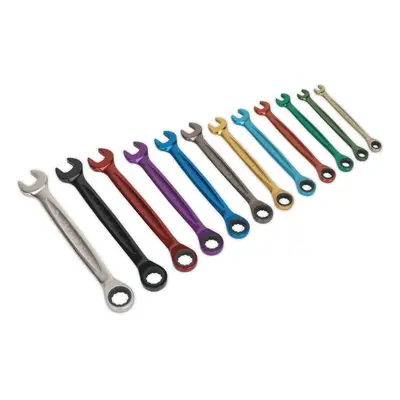 12pc MULTI COLOUR Combination Ratchet Spanner Set - Pt Metric Socket Nut Ring