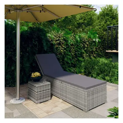 vidaXL Sun Lounger with Cushion and Tea Table Poly Rattan Grey Lounge Bed