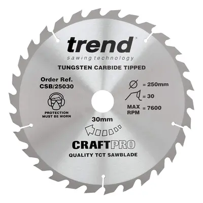 Trend CSB/25030 Craft Pro Rip TCT Circular Blade for Table Saws, 250mm x Teeth x 30mm Bore, Tung