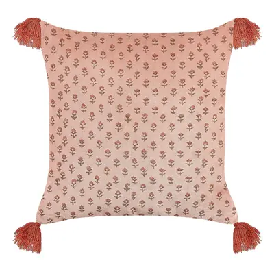 Velvet Cushion Floral Motif with Tassels x cm Pink RUMHORA