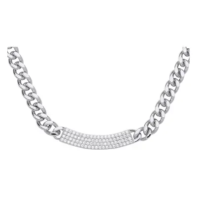 Jewelco London Ladies Rhodium Plated Sterling Silver CZ Curb Link Chain Pave ID Bar Necklace 5mm