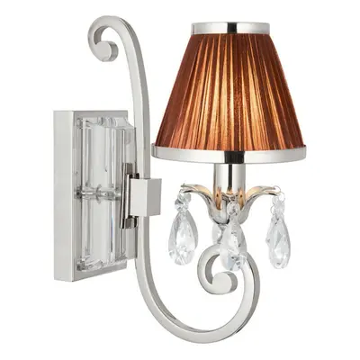 Esher Luxury Single Curved Arm Traditional Wall Light Nickel Crystal Brown Shade