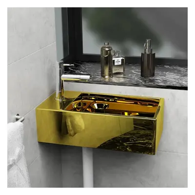 vidaXL Wash Basin with Overflow 49x25x15cm Ceramic Gold Sink Wash Bowl Unit