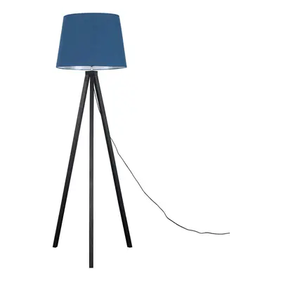 Modern Black Wood Tripod Design Floor Lamp with a Navy Blue Tapered Shade - Complete with a 6w L