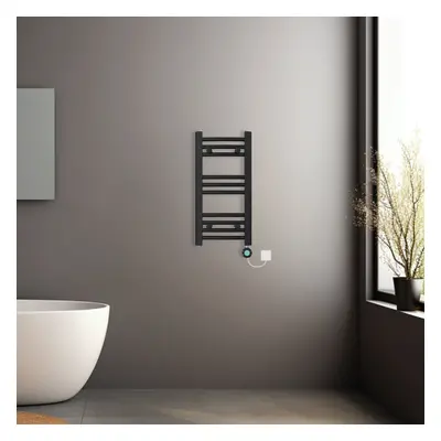 (Black, 600x300mm) Prefilled Electric Heated Towel Rail Radiator Curved Thermo Smart WiFi